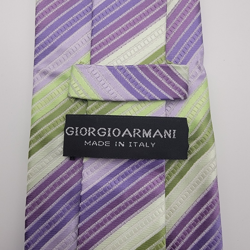 Giorgio Armani Silk Jacquard‎ Stripe Tie Purple Green Handmade Italy Classic - Picture 3 of 6